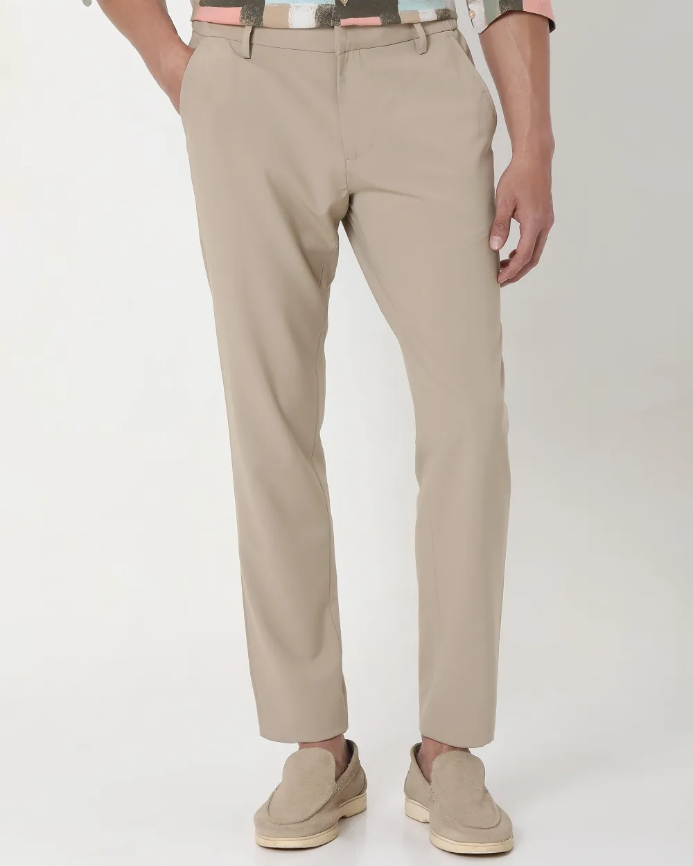 Classic Versatile Soft Slim-Fit Straight-Leg BeigeTrousers
