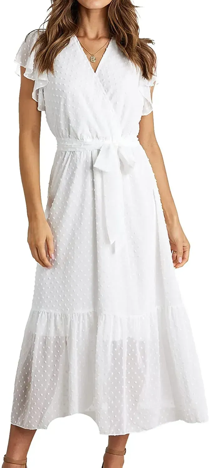 Women Summer Bohemian Floral Casual Wrap V Neck Ruffle Cap Sleeveless Belt A-Line Pleated Hem Swing Midi Sun Dress