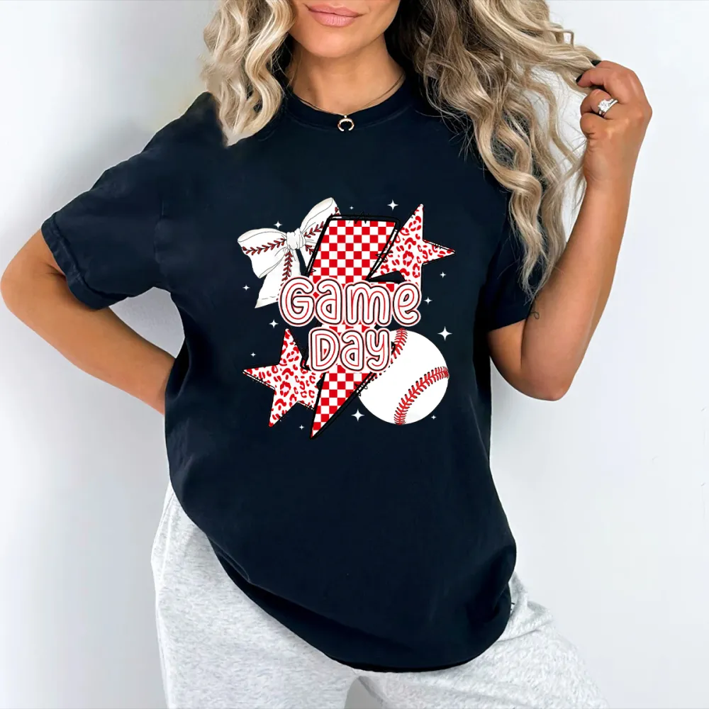 Baseball Game Day Printed Round Neck Short Sleeve T-Shirt