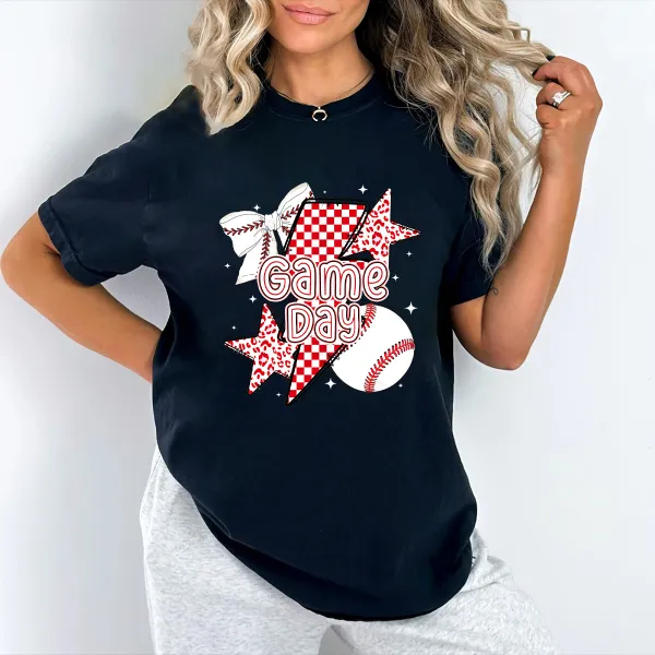 Baseball Game Day Printed Round Neck Short Sleeve T-Shirt