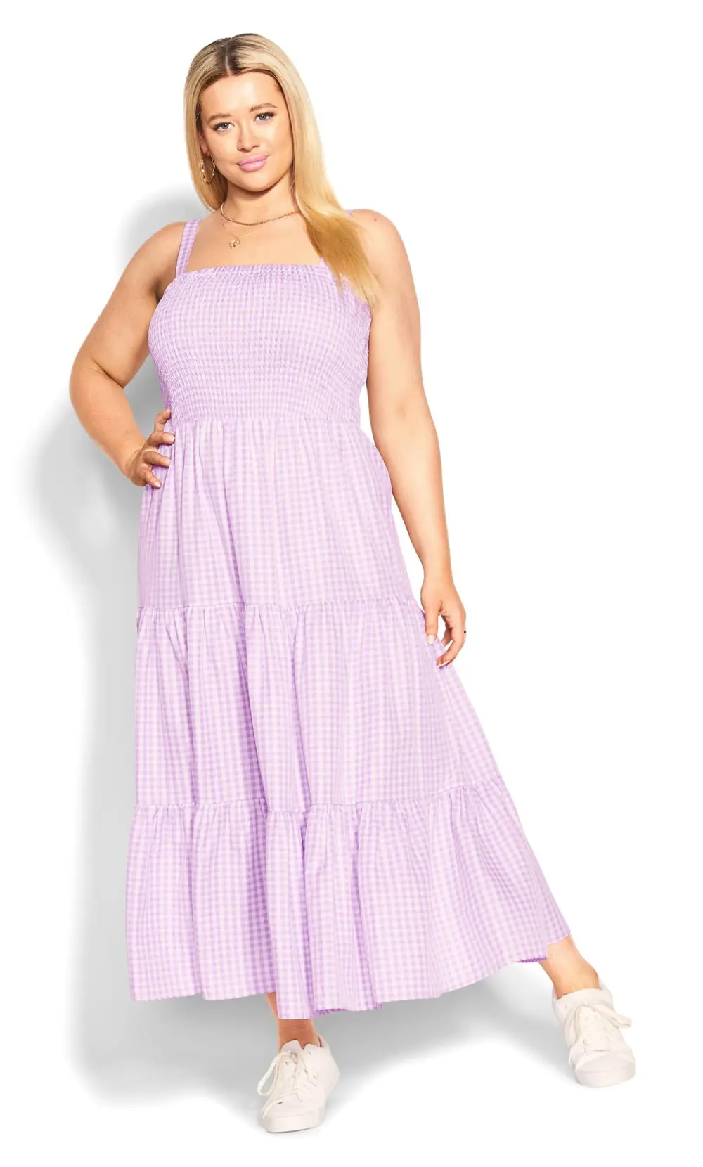 Evans Light Purple Gingham Shirred Maxi Dress