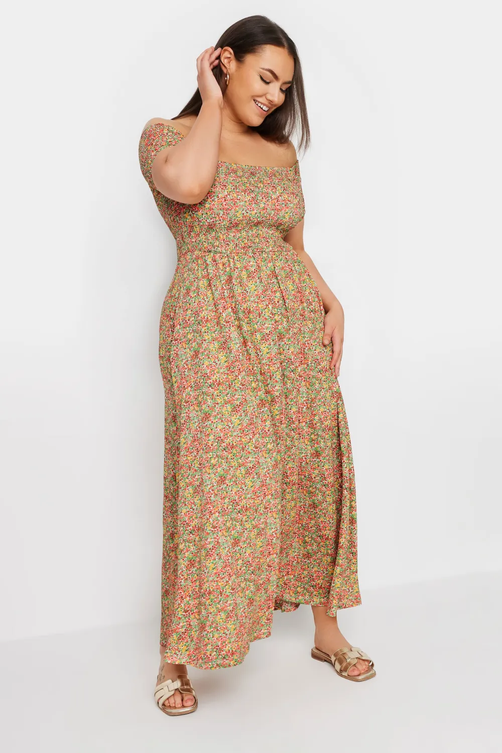 YOURS Curve Pink Ditsy Floral Shirred Midaxi Dress