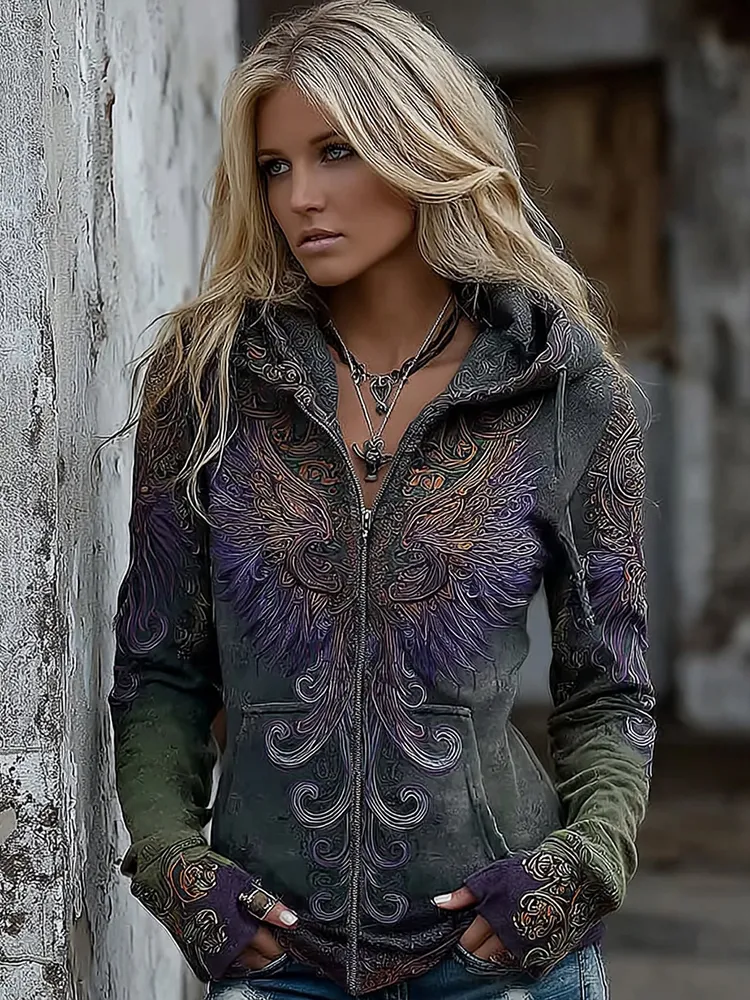 Women's Viking Mythology Phoenix Embroidery Comfortable Warm Zipper Hoodie