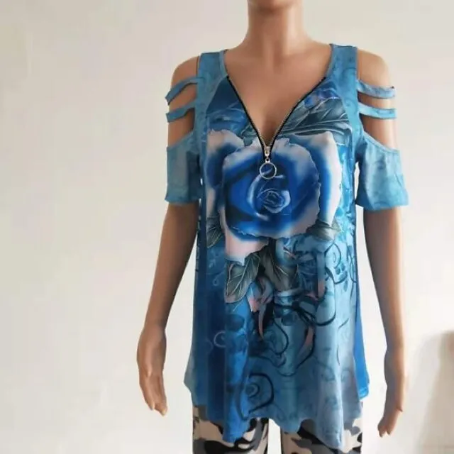 Women Tops T-Shirt Hollow-Out Shoulder Short Sleeve Casual Blouse Shirts Flower Print V-Neck Zipper Shirt