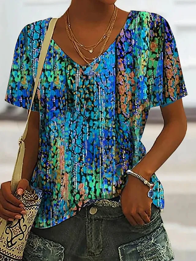 Women's T shirt Tee Pink Red Blue Graphic Asymmetrical Print Short Sleeve Daily Weekend Basic V Neck Regular Fit Abstract Painting