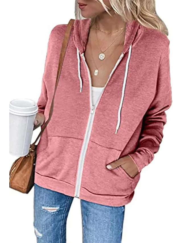 Women's Hoodied Jacket Casual Jacket Fall Spring Outdoor Zipper Plain Breathable Streetwear Regular Fit Outerwear Long Sleeve Summer Black S