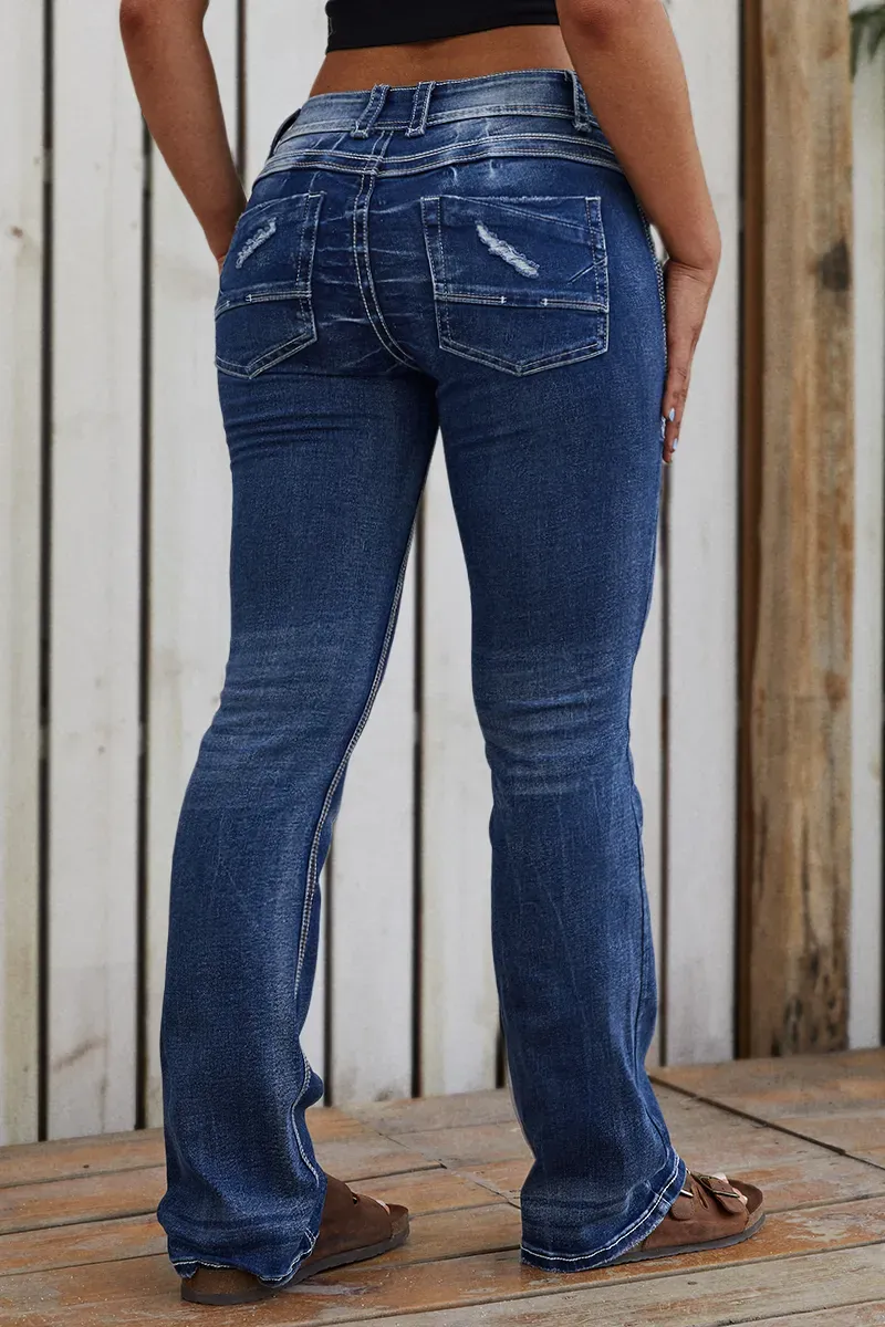 Ripped Contrast Stitch Mid Rise Bootcut Jeans