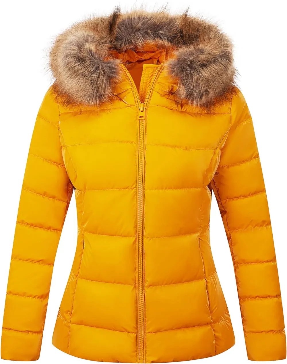 Womens Lightweight Puffer Jacket, Winter Coats for Women Warm Quilted Bubble Padded Hood Coat with Faux Fur Collar