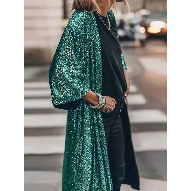 Women's Casual Jacket Sparkly Sequins Fall Spring Regular Coat Regular Fit Windproof Breathable Stylish Colorful Jacket 3/4 Length Sleeve Pure Color Silver Lotus Wine Party Street Vacation
