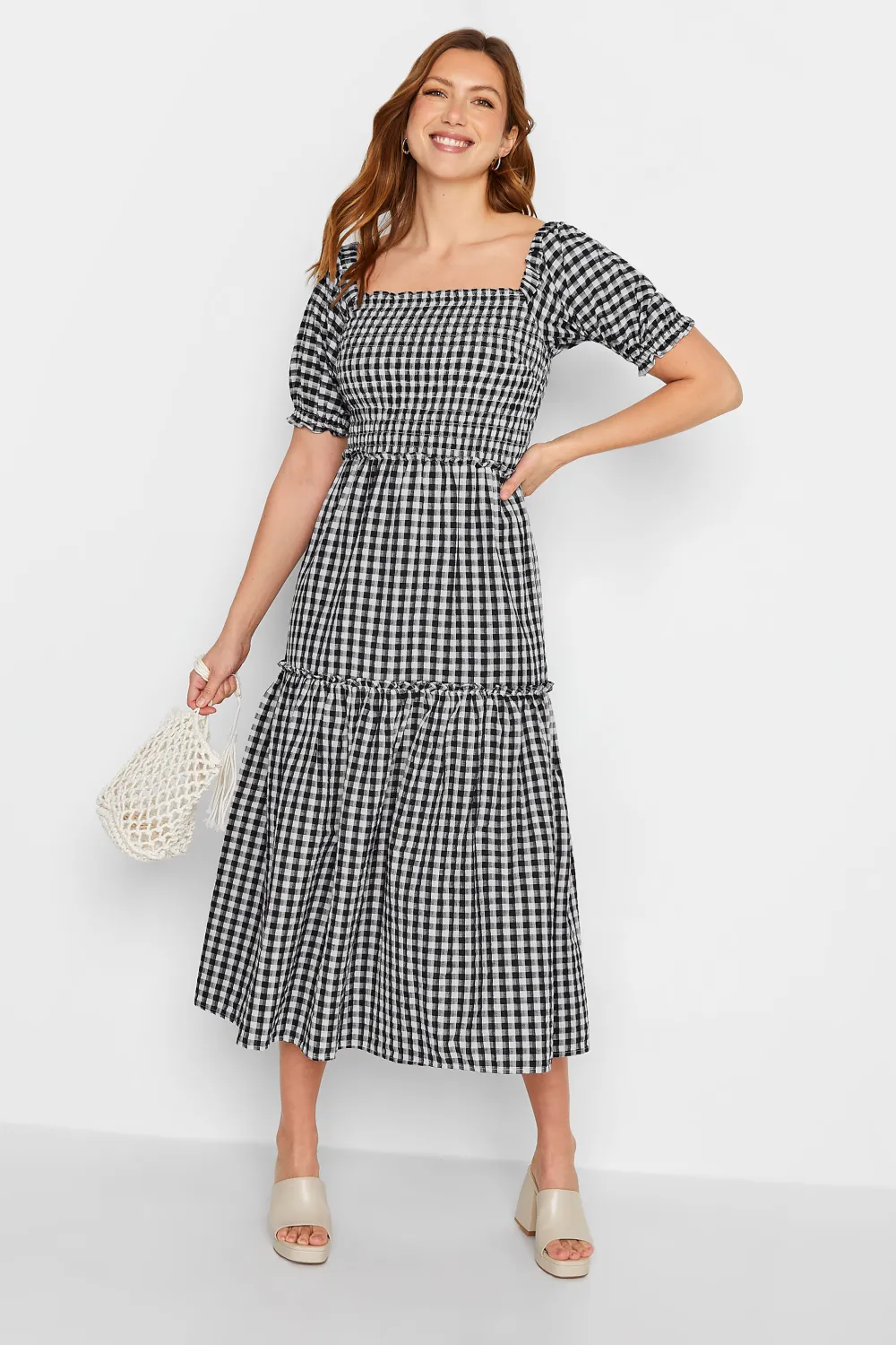 LTS Tall Black Gingham Shirred Midi Dress