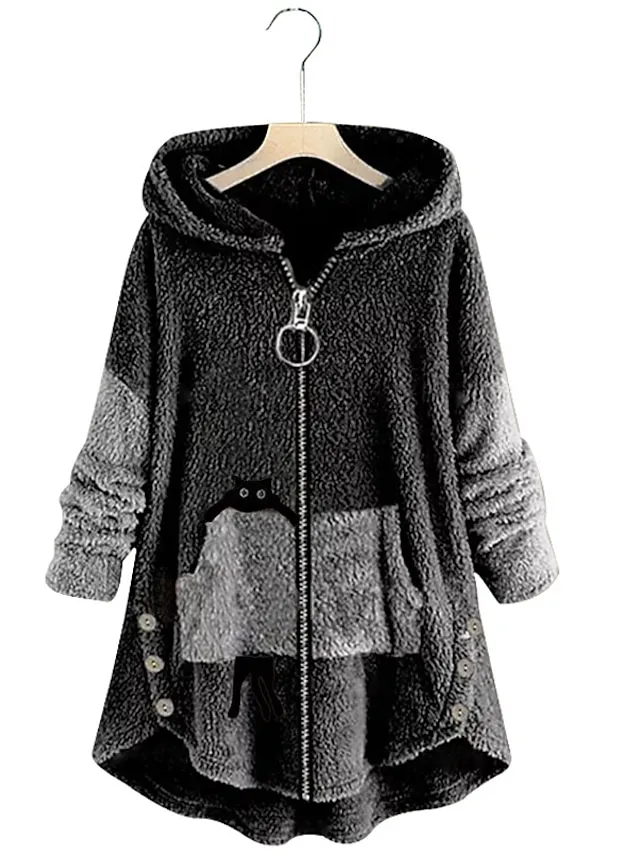 Women's Plus Size Teddy Coat Animal Casual Long Sleeve V Wire Regular Fall Winter Green Pink Dark Gray L XL XXL 3XL 4XL