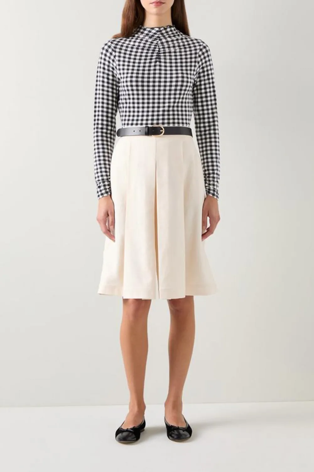 Black Cream Checkered High Neck Long Sleeve Top