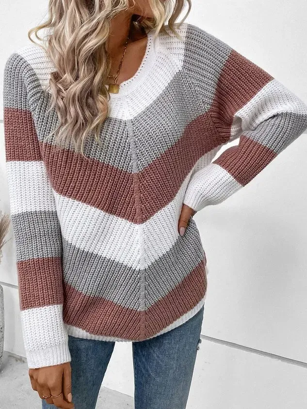 Women Yarn/Wool Yarn Color Block Long Sleeve Comfy Casual Sweater