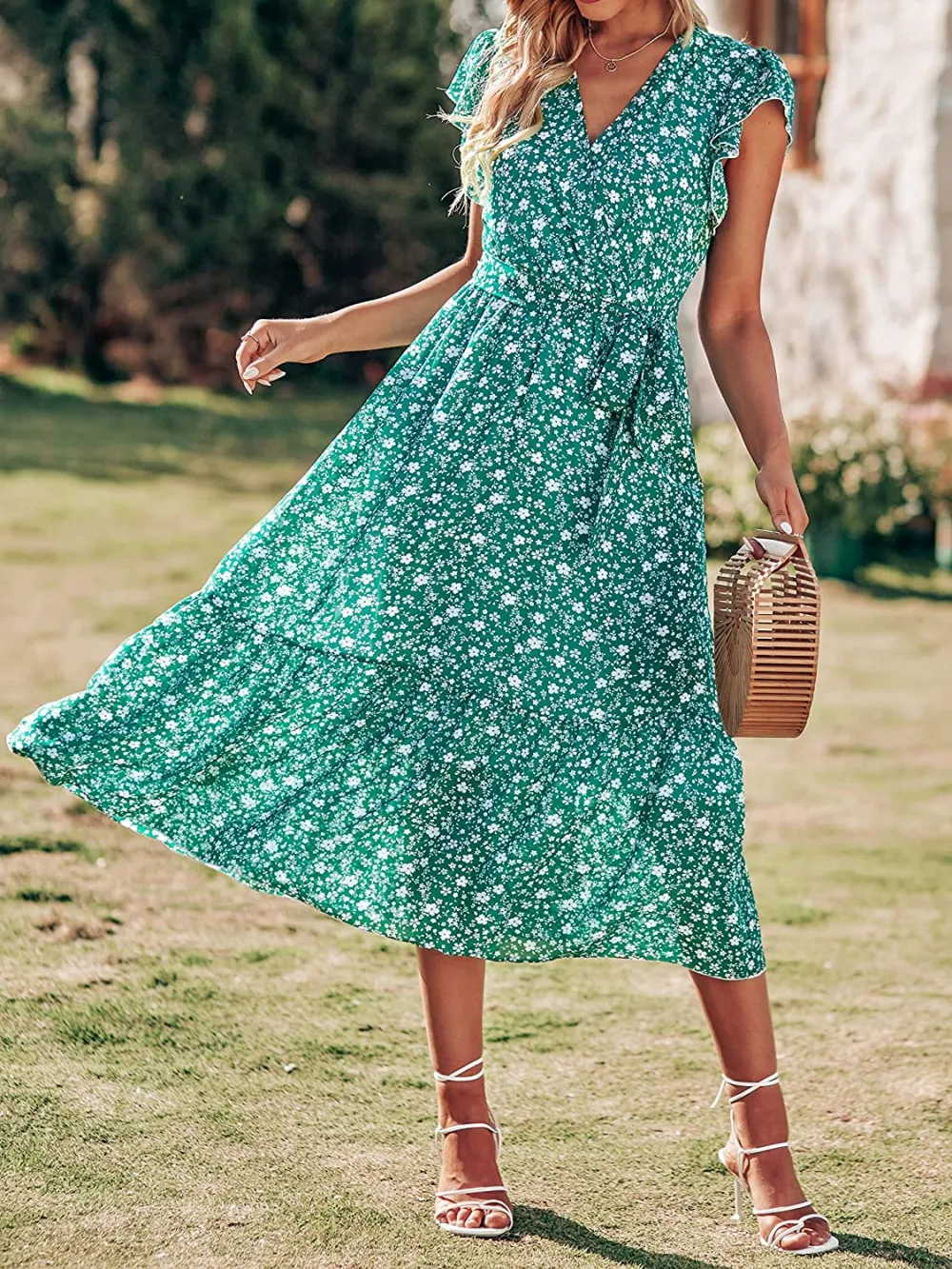 Women Summer Bohemian Floral Casual Wrap V Neck Ruffle Cap Sleeveless Belt A-Line Pleated Hem Swing Midi Sun Dress