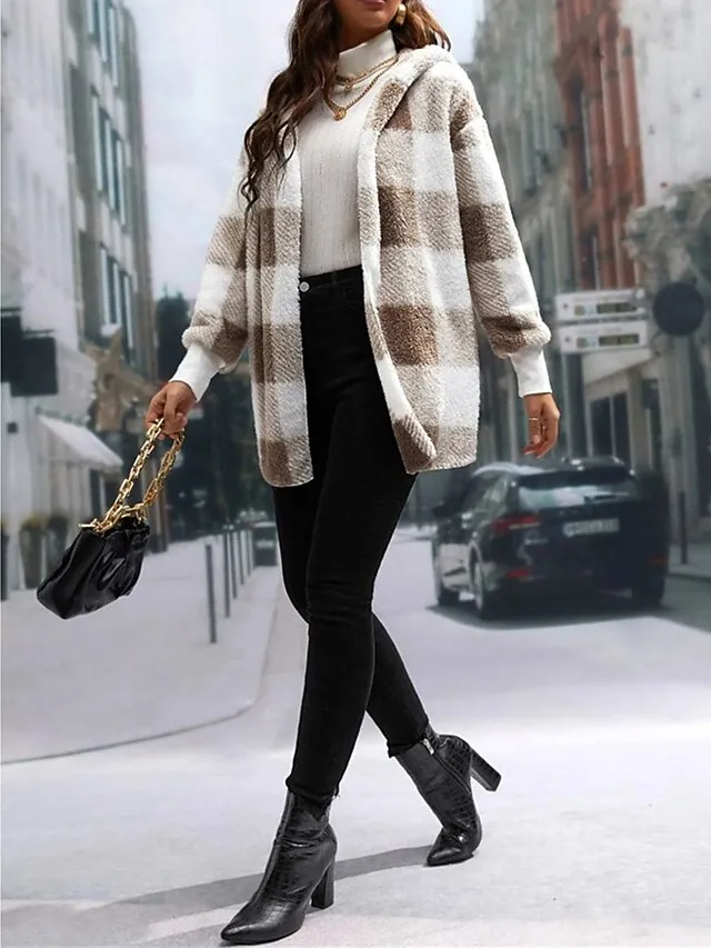 Women's Fleece Jacket Teddy Coat Hoodie Jacket Warm Breathable Street Daily Wear Vacation Going out Pocket Fleece Lined Open Front Hoodie Casual Street Style Stripes and Plaid Regular Fit Outerwear