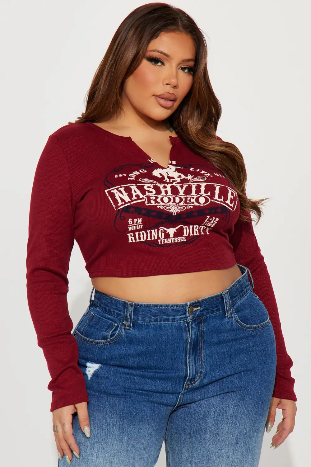 Nashville Rodeo Waffle Long Sleeve Tee - Brick Red