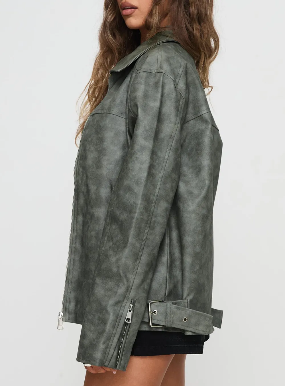 Grey Faux Leather Collared Jacket