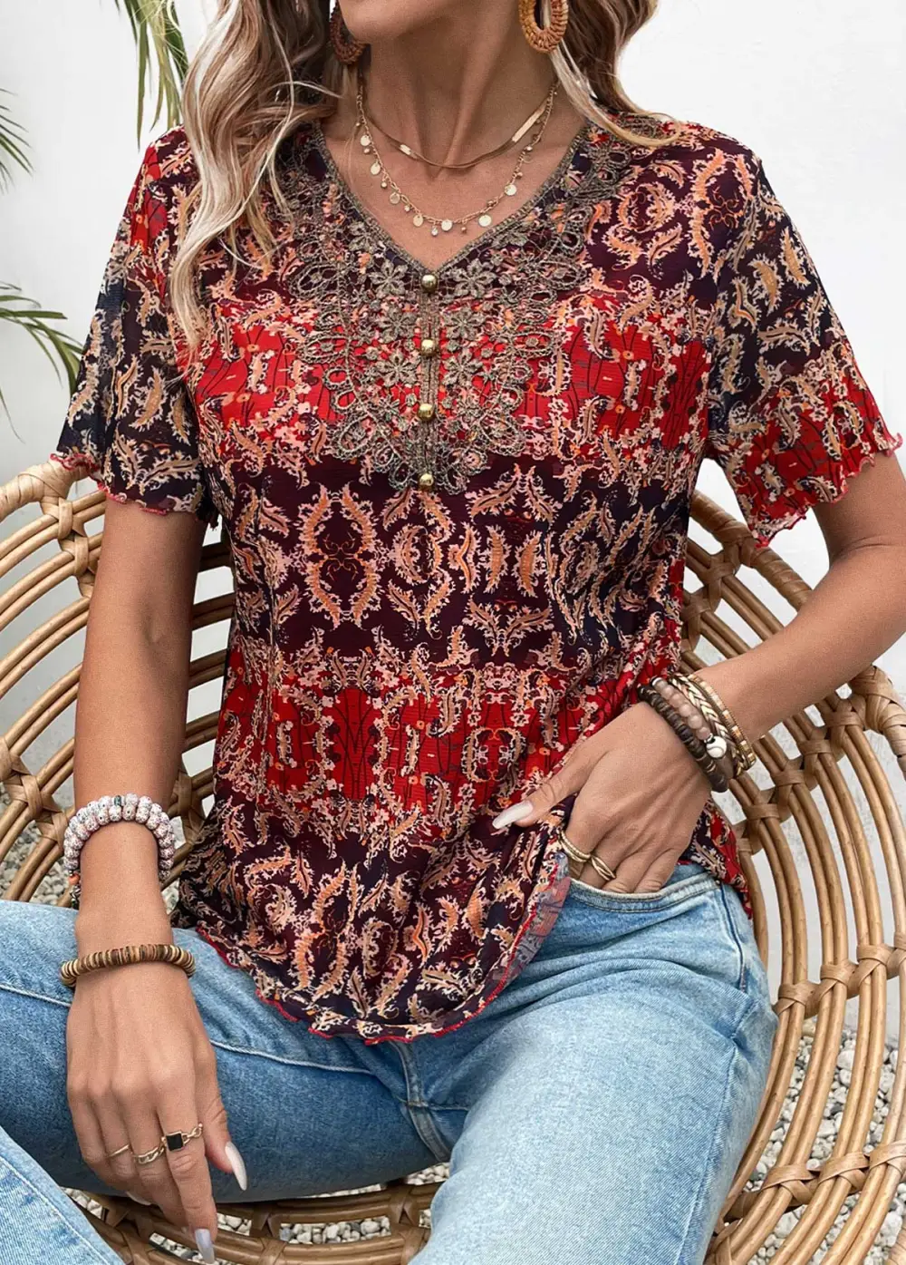Multi Color Button Tribal Print Short Sleeve Blouse