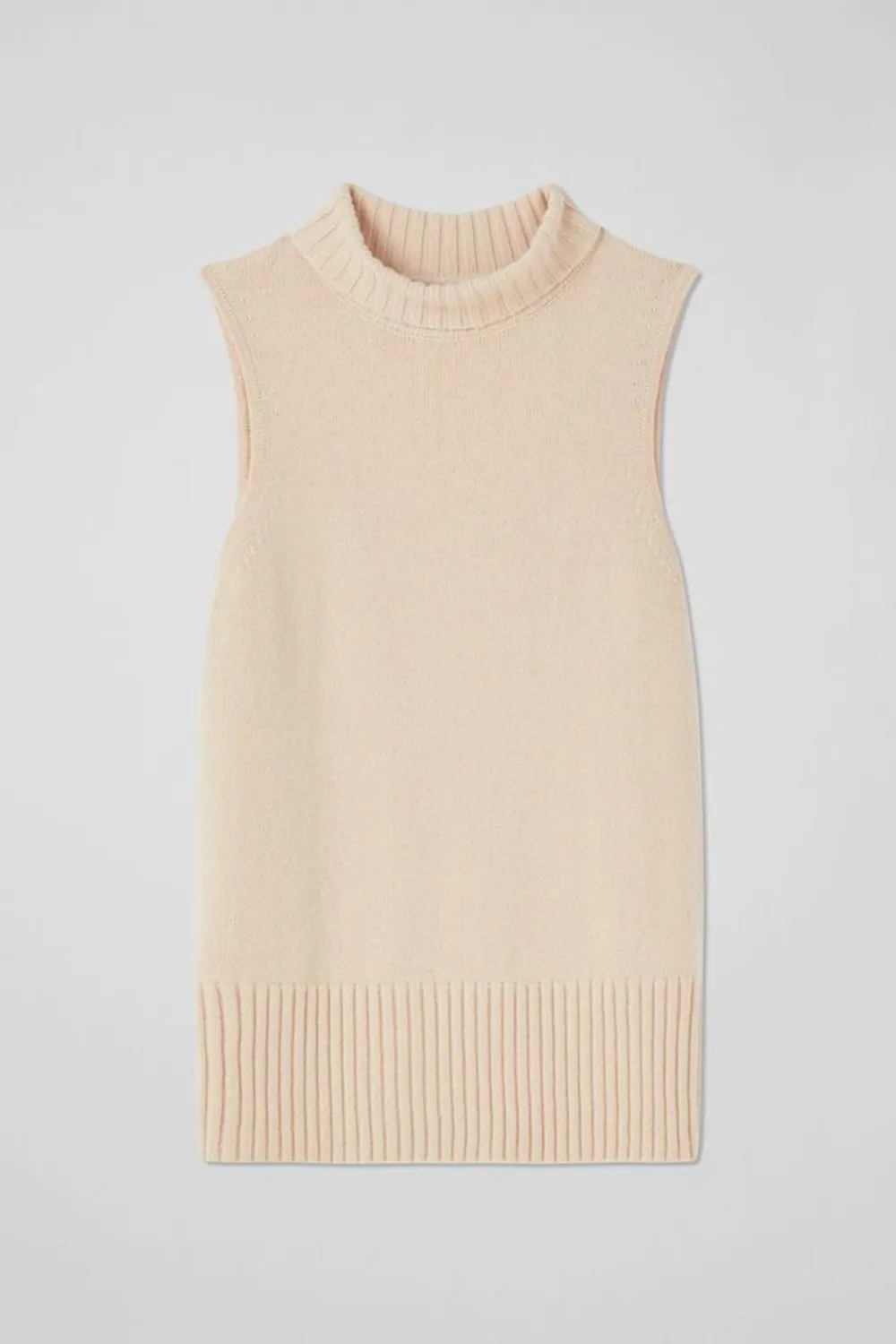 Beige Sleeveless Turtleneck Knit Sweater