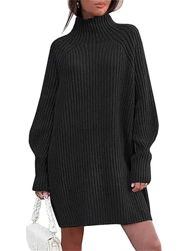 Women's Sweater Dress Jumper Dress Winter Dress Mini Dress Warm Fashion Casual Plain Outdoor Daily Vacation Going out Turtleneck Long Sleeve 2023 Loose Fit Black White Blue S M L XL