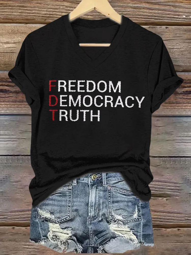 Women's Freedom Democracy Truth Print Short Sleeve V-Neck Cotton T-Shirt