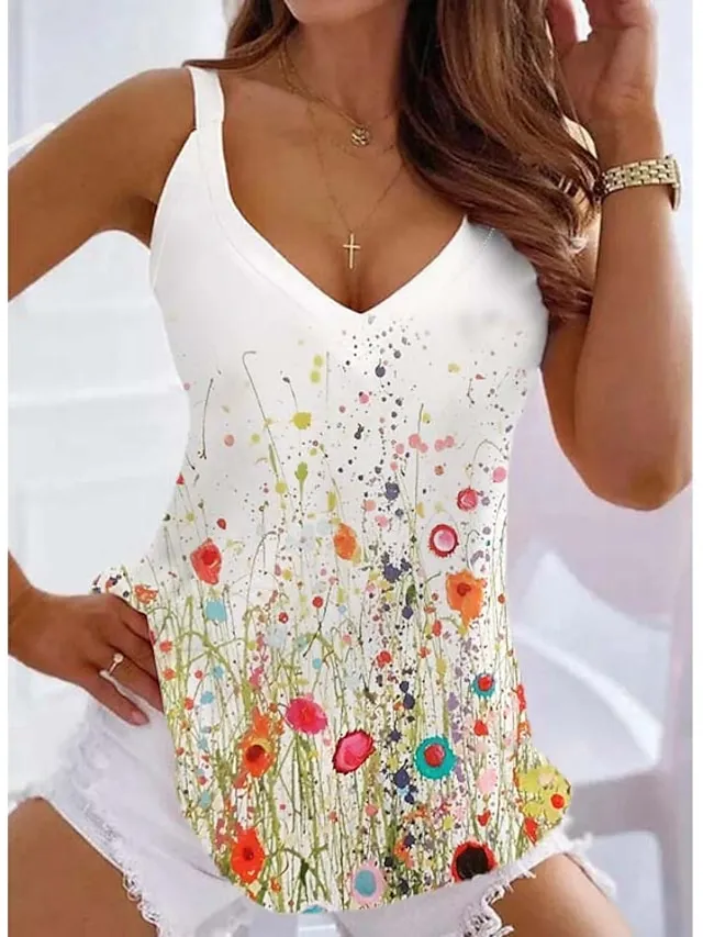 Women's Tank Top Black White Yellow Floral Print Sleeveless Casual Holiday Tunic Basic V Neck Regular Fit Floral