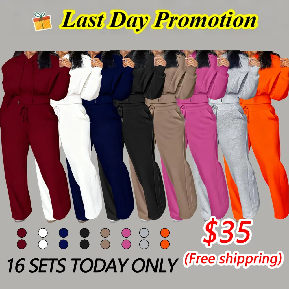 ⏰ LAST DAY PROMOTION | 16 SETS ONLY TODAY!Hooded Long Sleeve Sweatshirt and Casual Wide Leg Sweatpants Set