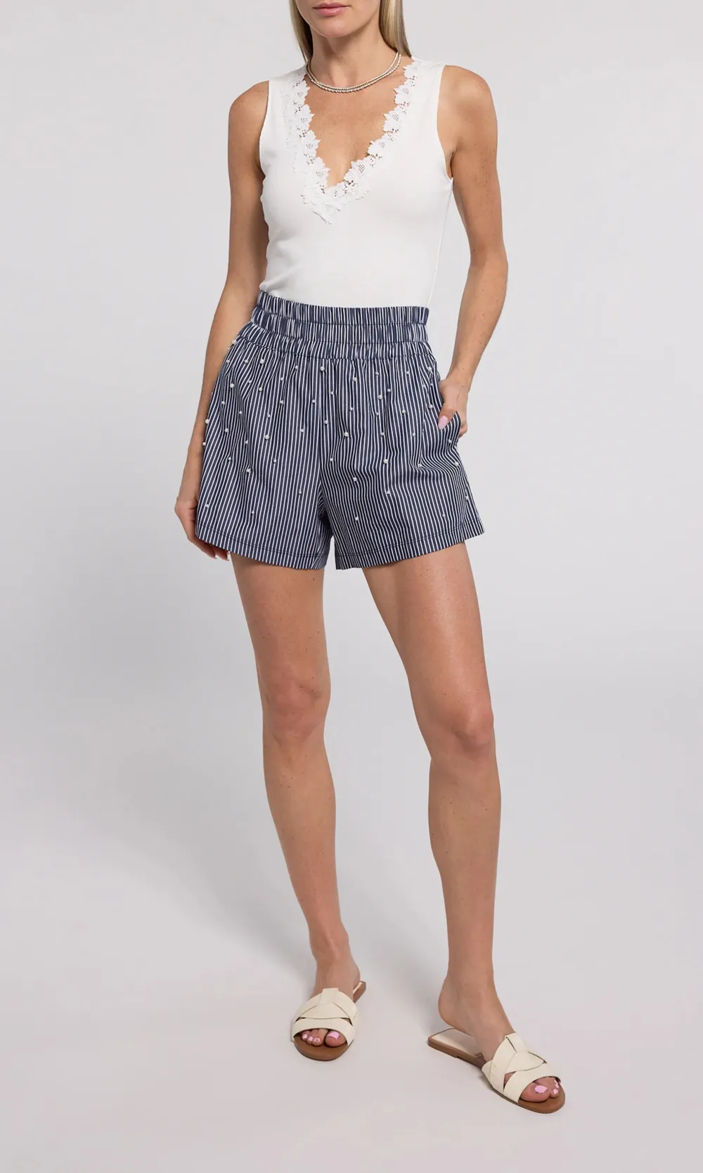 Pearl Embellished Pinstripe Shorts