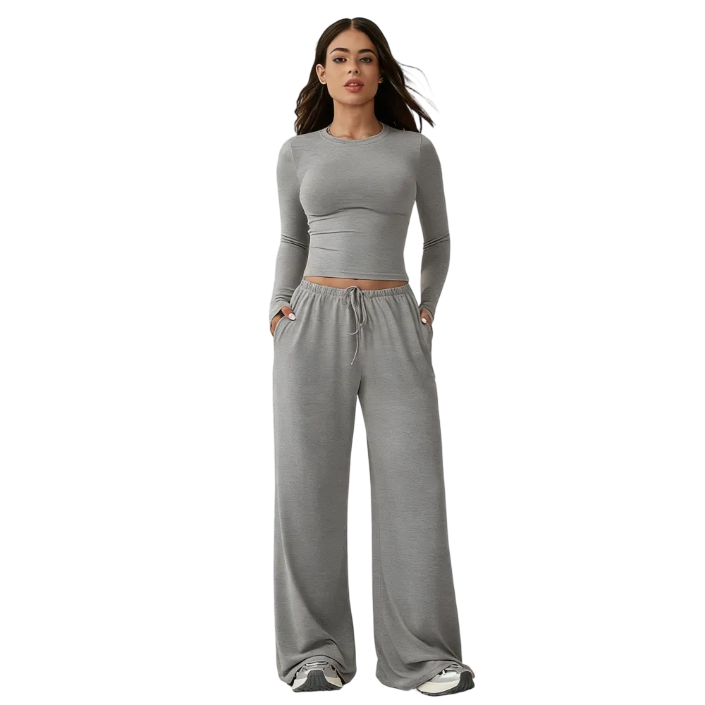 Women's two-piece tracksuit set, long-sleeved crop top and wide-leg pants
