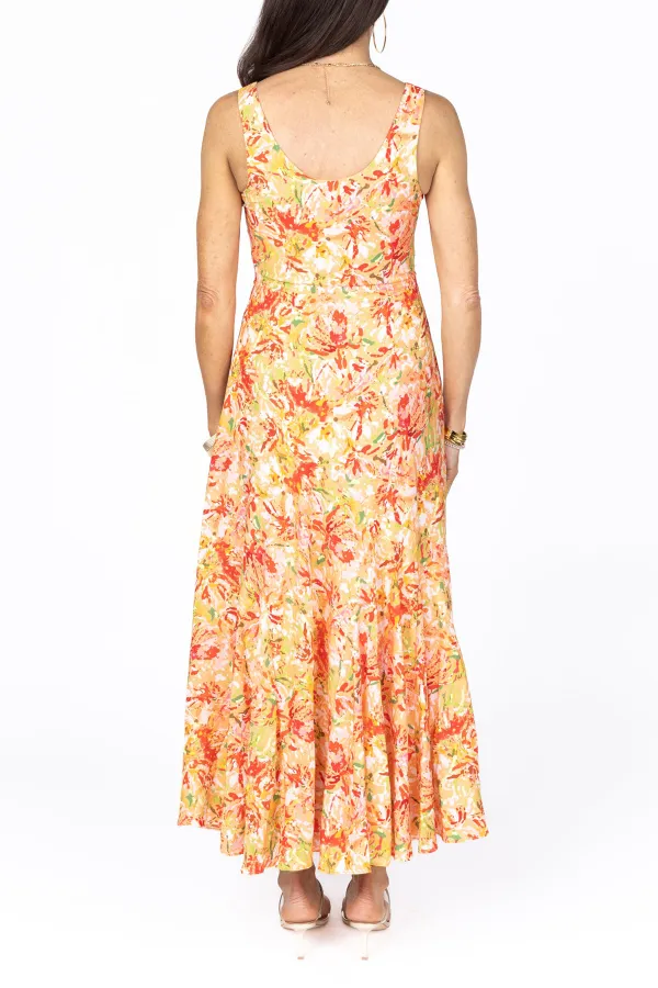 Orange Floral Print Sleeveless Maxi Dress