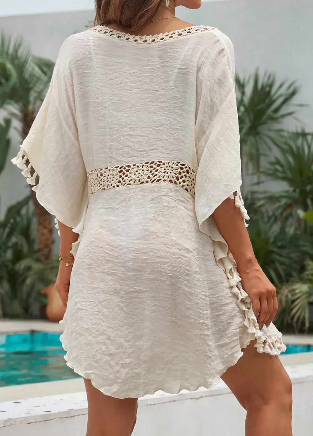 Patchwork Beige Tassel Detail Cover Up