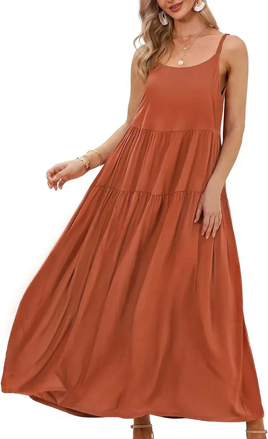 Summer Dresses for Women Casual Loose Bohemian Floral Dress with Pockets Spaghetti Strap Maxi Dress E75