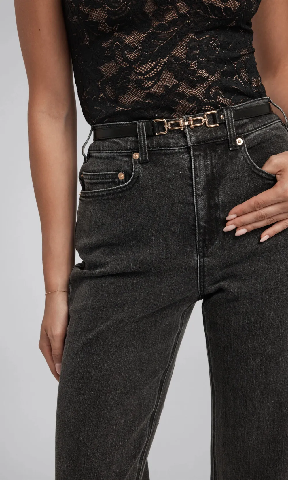 Denim Pants With Faux Leather Belt