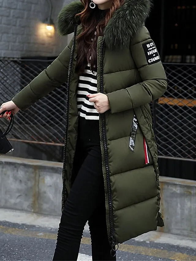 Women's Parka Long Puffer Jacket Winter Coat Zip up Hooded Coat with Fur Collar Thermal Warm Heated Coat Fall Brown Maillard Outerwear with Pockets Warm Classic Long Sleeve Fall Red