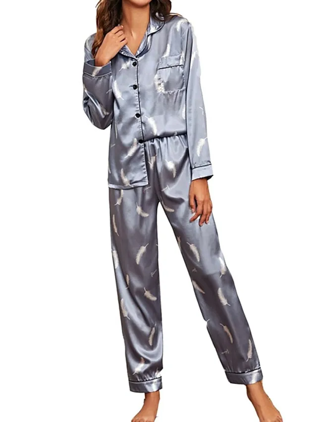 Women's Pajamas Sets Nighty Pjs 2 Pieces Heart Stripe Fashion Comfort Home Satin Lapel Long Sleeve Pant Button Fall Spring Light Pink Green / Silk / Flower / Feather