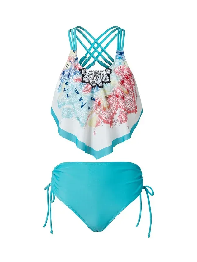 Vacation Ethnic Flouncing Scoop Neck Tankinis Two-Piece Set