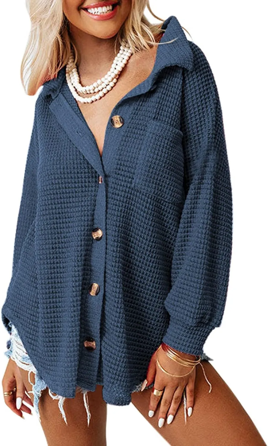 Womens Waffle Knit Button Down Shirts Casual Long Sleeve Shacket Jacket Boyfriend Tops Blouses Loose Fit