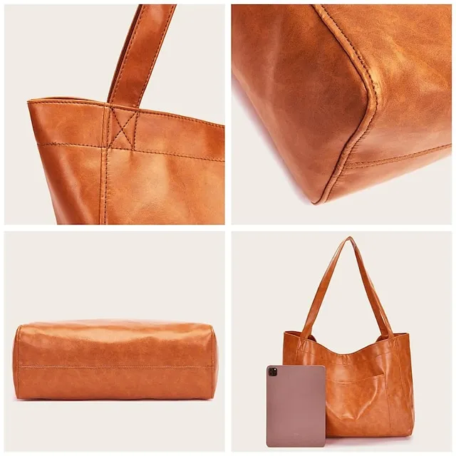 Women's Large Capacity Tote PU Leather Daily Holiday Large Capacity Waterproof Durable Solid Color Black White Yellow