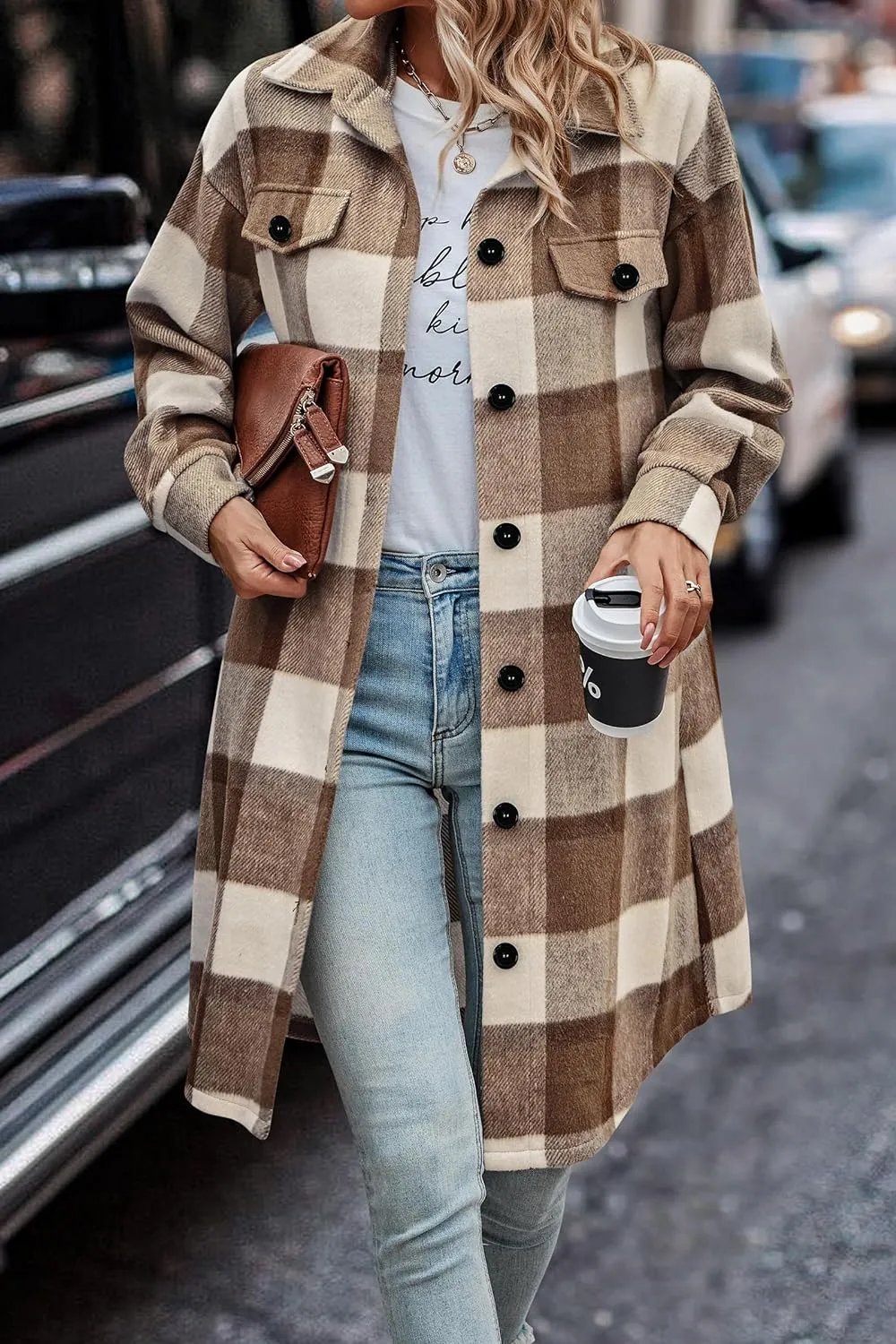 Women's Plaid Shacket 2023 Long Sleeve Button Up Flannel Shirt Winter Tartan Jacket Woolen Coats