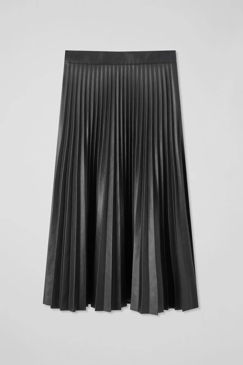 Black Pleated Faux Leather Midi Skirt