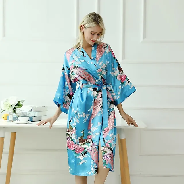Women's Robes Gown Bathrobes Pure Color Simple Comfort Home Party Wedding Party Spandex Gift Long Sleeve Belt Included Spring Summer Navy Blue