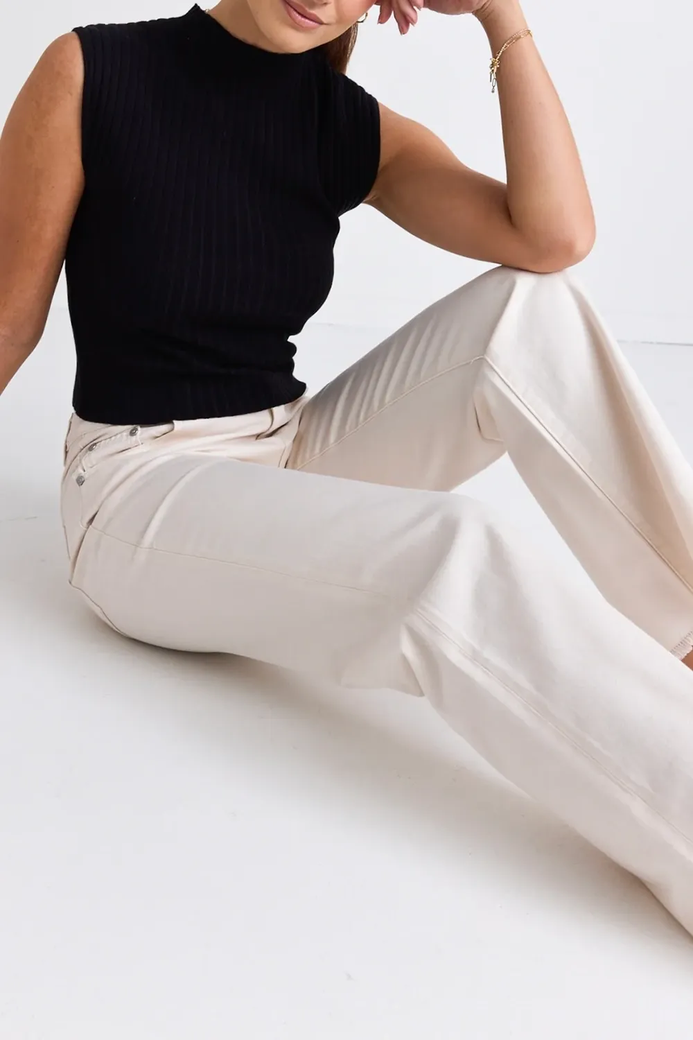 Ecru High - Waist Wide - Leg Jeans