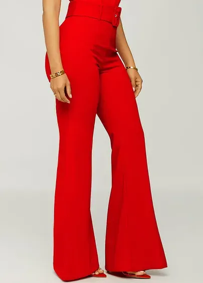 Red Breathable Belted Flare Leg Zipper Fly Pants