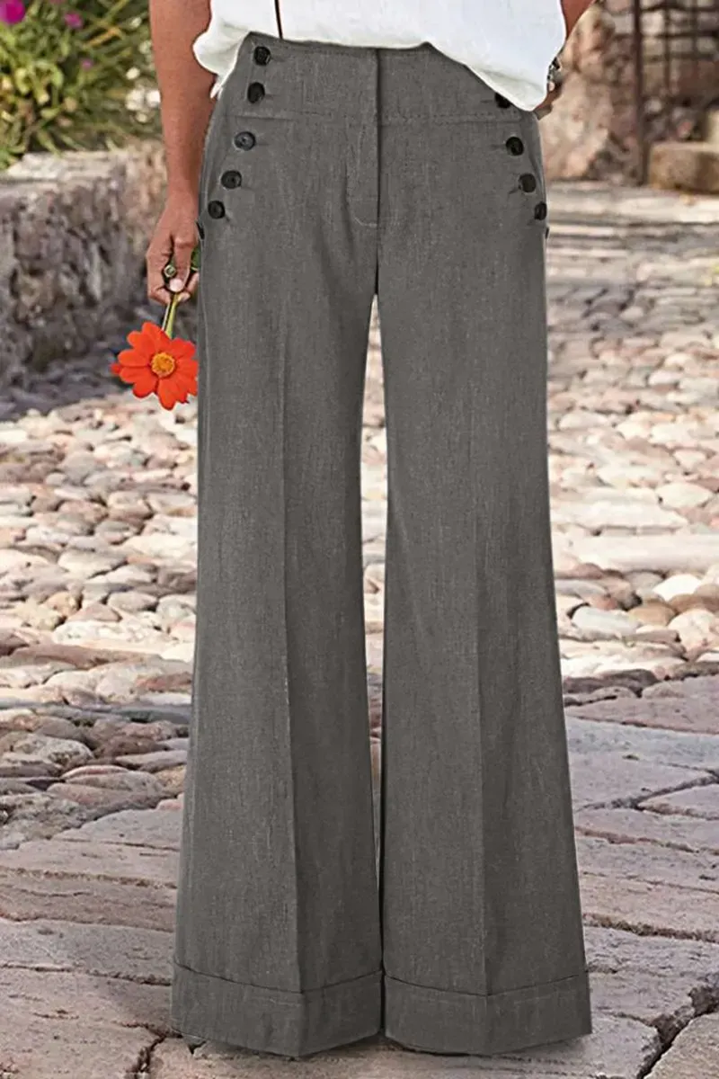 Solid Button Decor Mid Waist Wide Leg Pants