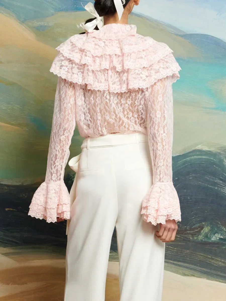 Casual Regular Lace Ruffle Blouse