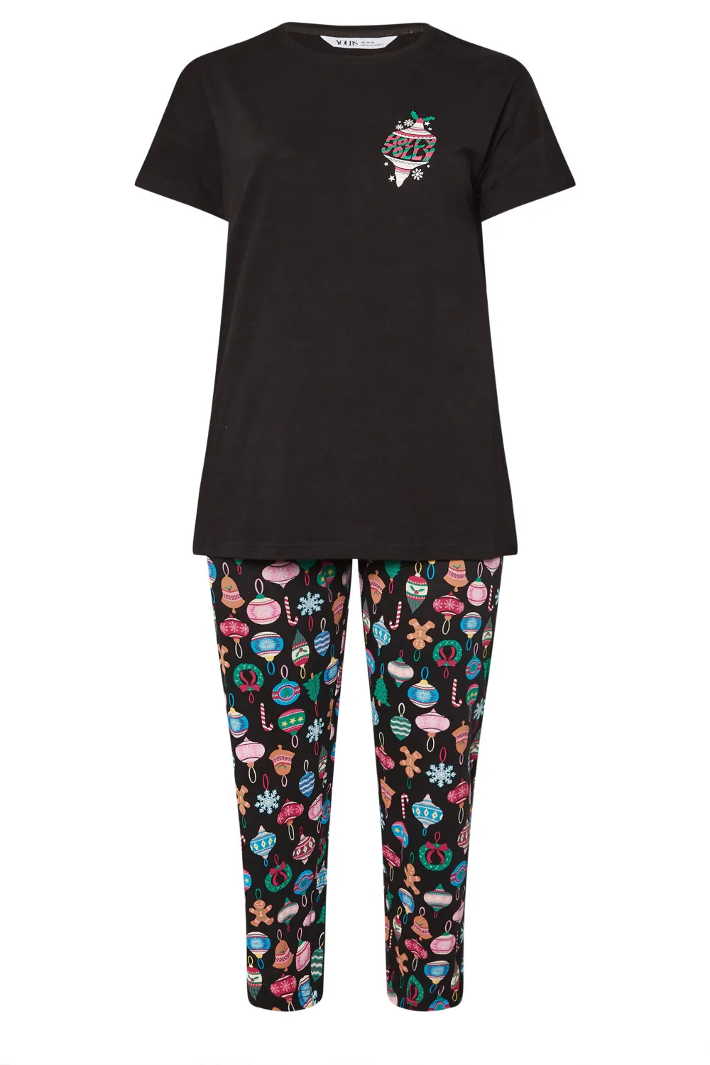 YOURS Curve Black 'Holly Jolly' Slogan Christmas Pyjama Set