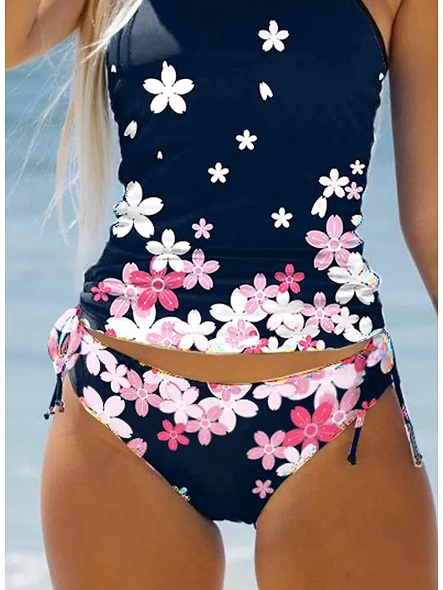 Women's Swimwear Tankini Bathing Suits 2 Piece Normal Swimsuit Halter 2 Piece Modest Swimwear Floral Floral Print Navy Blue Padded Bathing Suits Sports Vacation Beach Wear