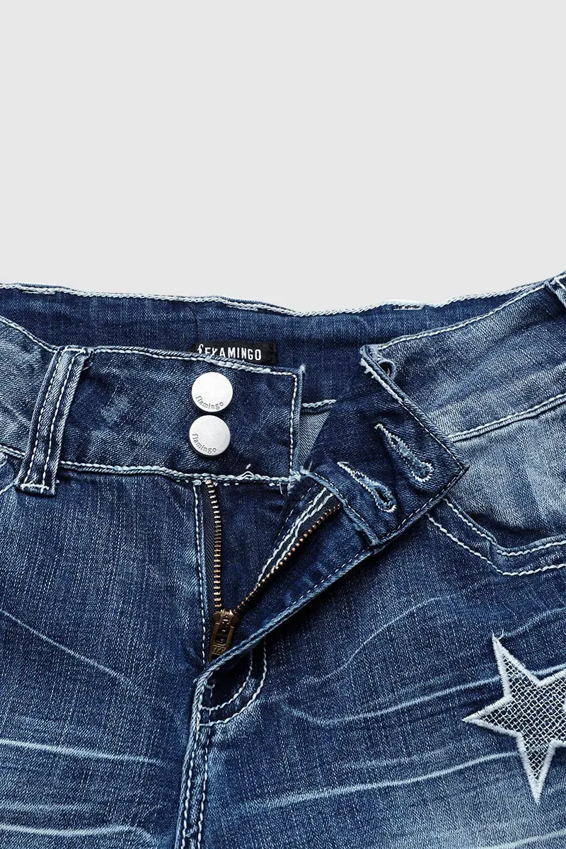 Star & Moon Pattern Button Front Mid Rise Bootcut Jeans