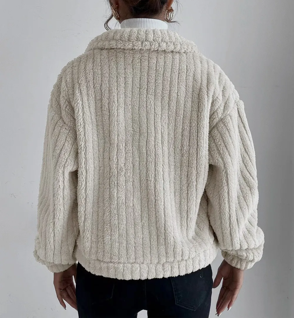 Solid Front Pockets Lapel Plush Coat