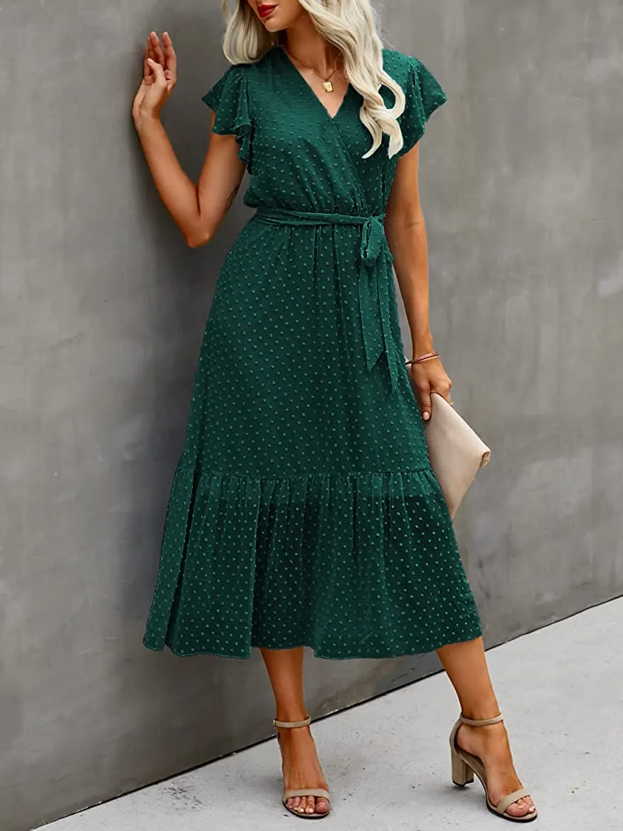 Women Summer Bohemian Floral Casual Wrap V Neck Ruffle Cap Sleeveless Belt A-Line Pleated Hem Swing Midi Sun Dress